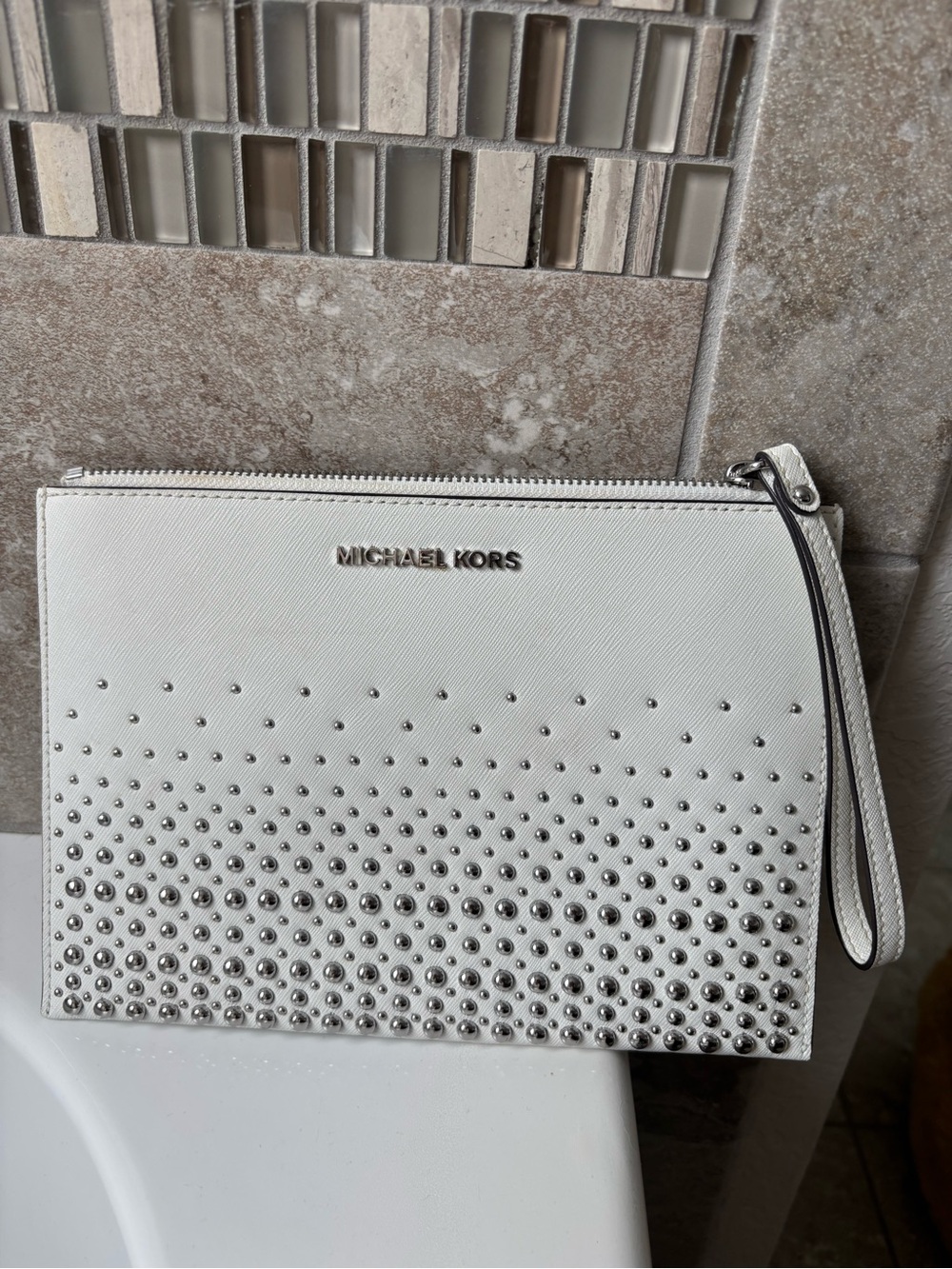 Michael Kors White Studded Wristlet Clutch
